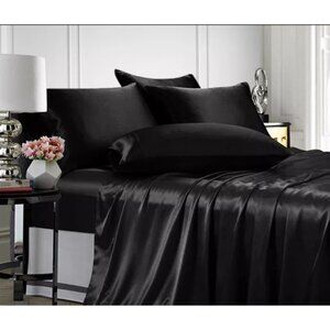 Karl Lagerfeld Black 4 Piece Satin King Sheet Set New